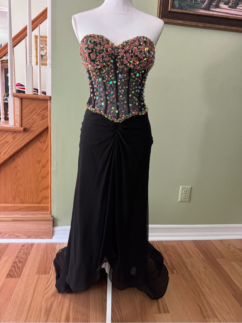 Terani Embellished Strapless Black Evening Gown with Multicolor Beaded Bodice
